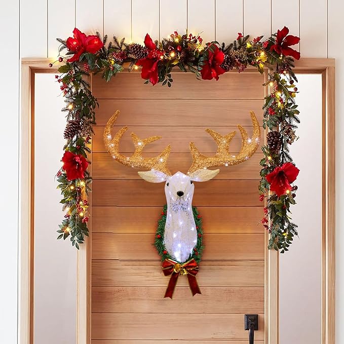 zekirose Lighted Christmas Reindeer Head Wall Decor，3D Rudolph Hanging Wreath，50 Waterproof Lights for Indoor/Outdoor Use. Decoration during Xmas Holidays. Ideal Christmas Deer Outdoor Décor.