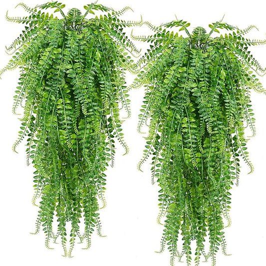 CLONG 2 pcs Artificial Hanging Ferns Plants Vine Fake Ivy Boston Fern Hanging Plant Outdoor UV Resistant Plastic Plants (2, Green)