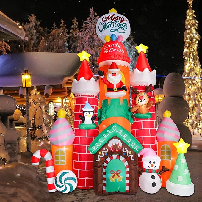 9.6 FT Christmas Inflatable Decorations, Inflatable Candy Castle with Santa, Snowman and Reindeer Blow Up Castle Yard Decorations Built-in LED Lights for Xmas Garden Lawn Patio Decor