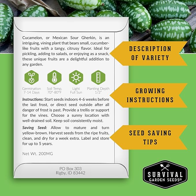Fruit Seeds for Planting - 8 Variety Pack | Watermelon, Cantaloupe, Melon, Strawberry, Cucamelon for Home Vegetable Gardens - Non-GMO Heirloom Fruits - Survival Garden Seeds