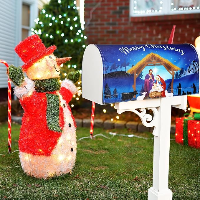 Blosssound Nativity Magnetic Mailbox Cover Merry Christmas Nativity Scene Mailbox Covers Decor Xmas Religious Blue Christmas Post Box Cover Standard Size 21 X18 Inch Garden Yard Outdoor Decoration