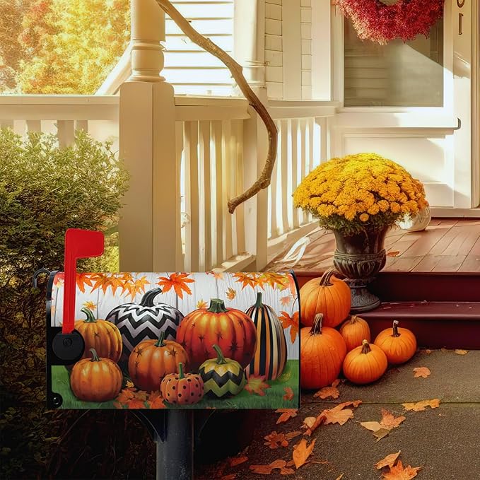 Fall Harvest Mailbox Covers Magnetic Standard Size Thanksgiving Pumpkin Mailbox Cover Autumn Maple Leaves Mailbox Post Cover Waterproof Mailbox Decor Mailbox Wraps for Garden Yard 21 * 18 Inch