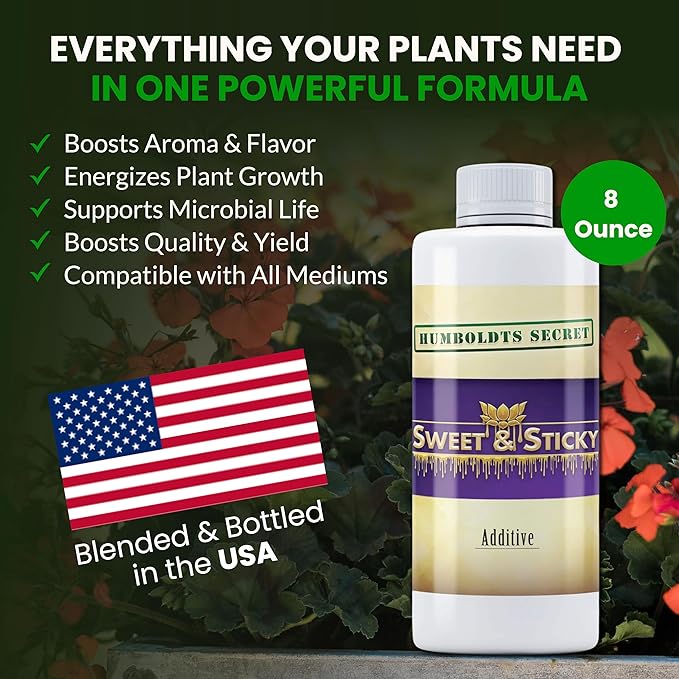 Humboldts Secret Sweet & Sticky Carbohydrate and Saccharide Plant Energy Additive | Indoor and Outdoor Plant Nutrients Enhancer for Growth and Aroma | Boosts Flavor and Resin Development | 8 Ounce