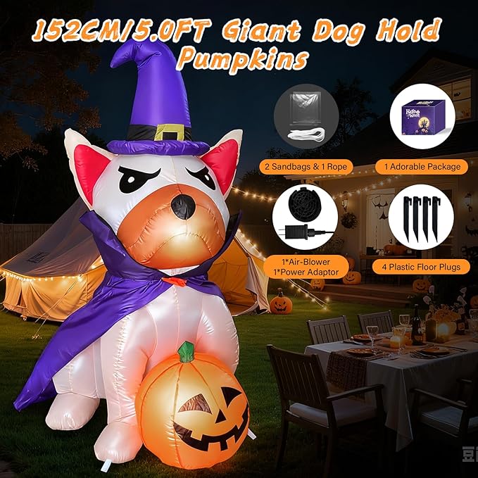 5.0Ft Halloween Inflatables Dog Decorations: Outdoor Vivid Lab Dog with Build-in Bright LED Blow Up Yard Decoration with Witch Hat Halloween Decor for Holiday Party Indoor Garden Lawn Home
