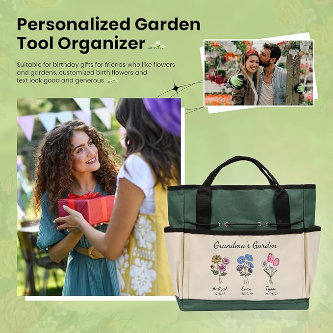 Personalized Garden Tools Set for Women: Custom Text Garden Tool Bag and Garden Shovel & Transplant Shovel & Hand Rake - Gardening Gifts for Mom Grandma Gardening Lover (3 Flowers)