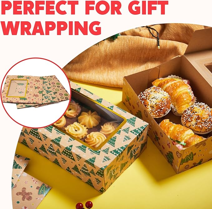 JOYIN 24 PCS Foiled Christmas Cookie Boxes for Gift Giving, 8.75" x 5.75" x 2.75” Bakery Boxes with Window, 3 Design Brown Kraft Cardboard Treat Box for Xmas Holiday Pastries Cupcakes Doughnut Wrap