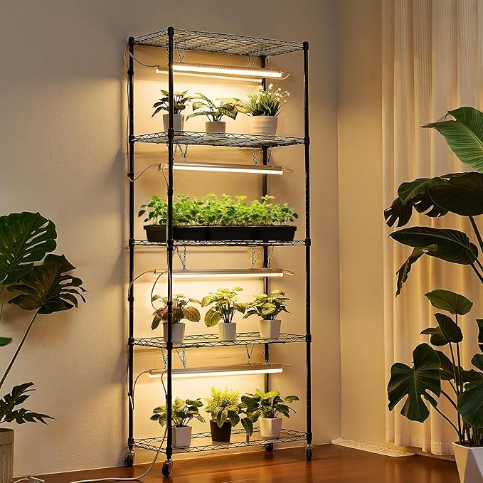VEVOR Plant Shelf with Grow Light, 6-Tier Indoor Plant Stand, 71 in Tall Plants Display Rack with Wheels & 4/9/14H Timer, 80W T5 LED Full Spectrum Grow Lights, Flower Pot Holder for Seed Starting