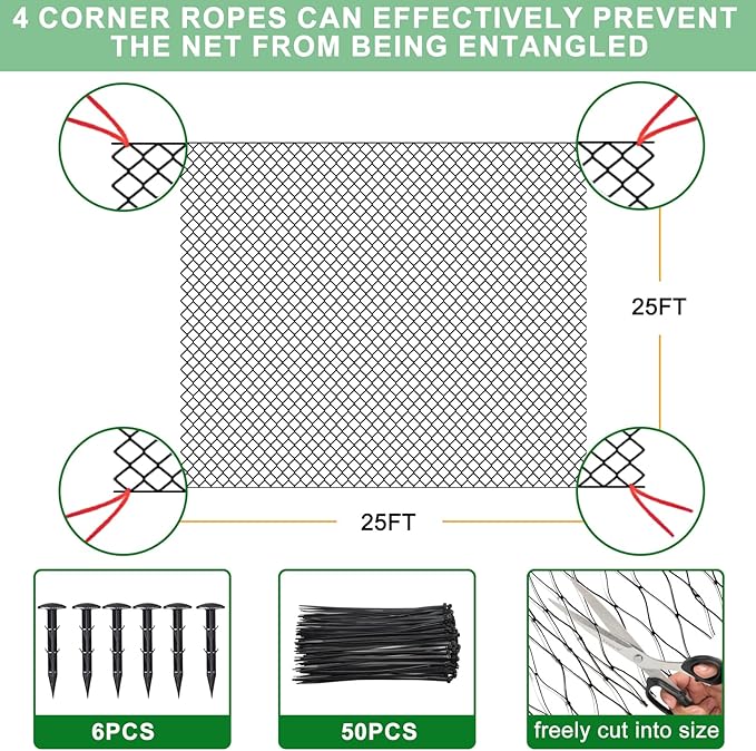 25'x25' Bird Netting for Chicken Coop, Nylon 3/4" Mesh Poultry Netting Chicken Net Roof Hawk, Aviary Net Deer Fence Pests Trellis Garden Nettings for Fruits Trees Plant