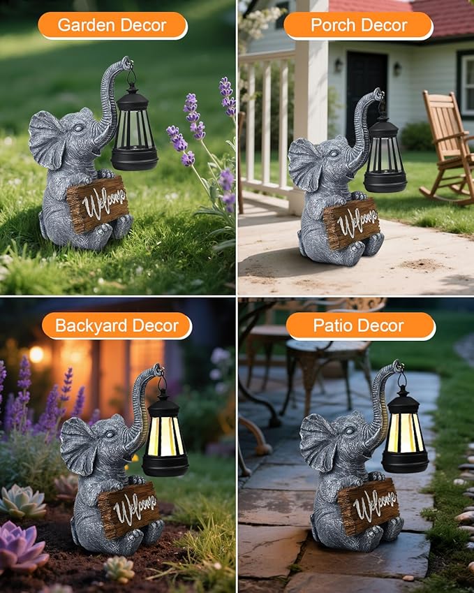 Outdoor Elephant Statues Solar Garden Decor Lights - Elephant Decoration for Garden, Balcony, Patio, Yard, Lawn - Housewarming, Fathers Day, Unique Birthday Gifts for Women Mom Grandma(White)