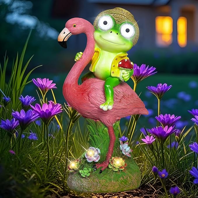 Solar Garden Decor Statue, Waterproof Flamingo Frog Outdoor Figurine with Lights, Cute Christmas Birthday Housewarming Gift for Women, Mom, Grandma, Art Decor for Yard Lawn Ornament