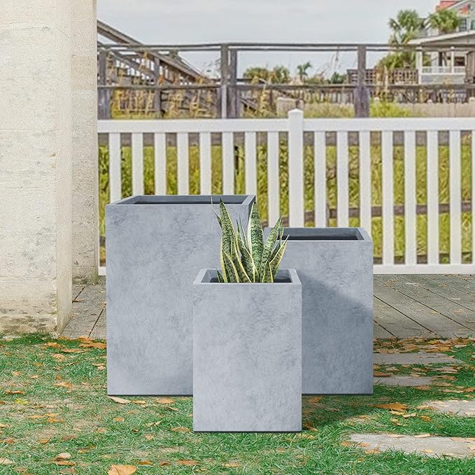 Kante 18.5",15.7",12.6" H Tall Rectangular Concrete Planters Set of 3, Outdoor Indoor Lightweight Plant Pots with Drainage Hole and Rubber Plug, Modern Style for Home Garden Patio, Slate Gray