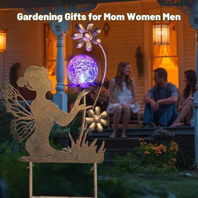 HONGLAND Fairy Solar Lights Garden Decor for Outside, Fairy Figurine Moon Lights Stake Housewarming Gifts for Patio Lawn Yard Pathway Outdoor Home Decor- Unique Gardening Gifts for Women Mom Grandma