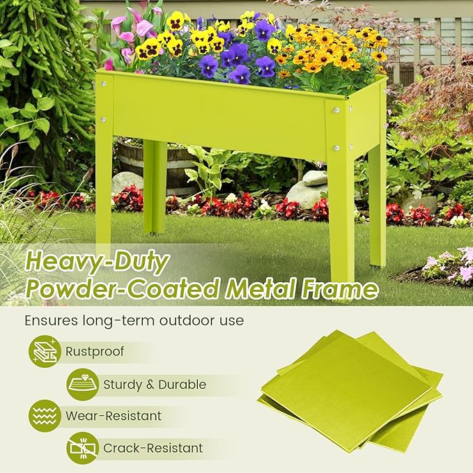 HAPPYGRILL Raised Garden Bed, 18” Elevated Planter Box w/Legs, Drainage Hole, Hemming Design, Metal Garden Box for Vegetable Herb, Outdoor Raised Beds for Gardening, Backyard Porch Balcony, Green