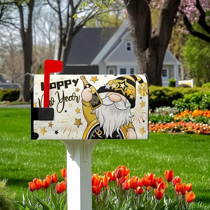 Happy New Year Mailbox Covers Magnetic Standard Size 21x18 Inch Dwarf Black Gold Decorations Mailbox Cover for Outdoor Garden Yard Decor