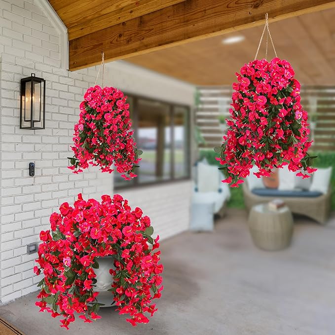 Sggvecsy Artificial Fake Hanging Flowers Plants for Outdoor Outside Spring Summer Decoration 2PCS Faux Silk UV Resistant Realistic Morning Glory Trailing Vines for Home Porch Patio Balcony(Rose red)