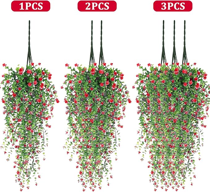 Artificial Hanging Flowers, 3 Pcs Fake Hanging Plants Artificial Vines for Outdoors, Fake Ivy Vine UV Resistant No Fade Faux Plants for Indoor Outside Garden Patio Yard Greenery Decoration (Red)