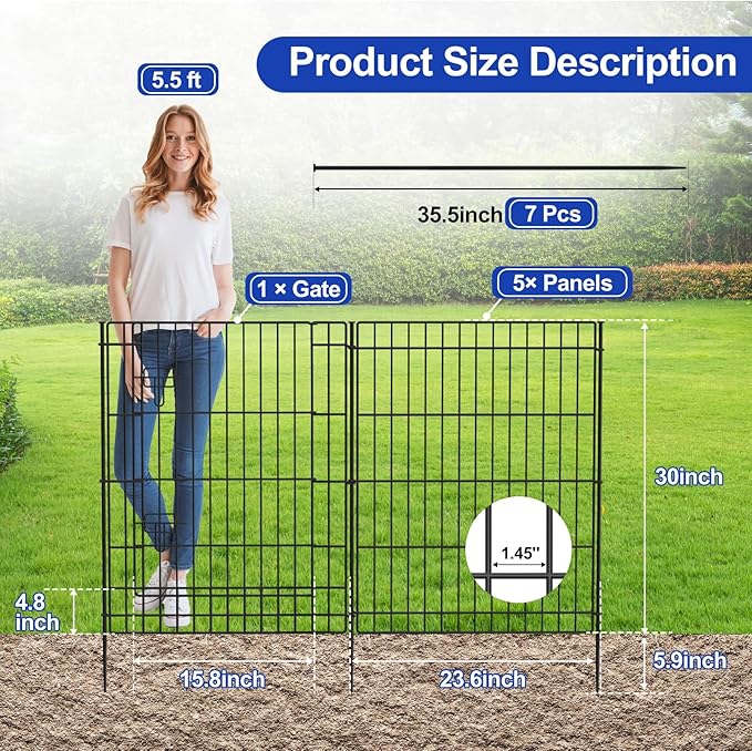 INJOPEXI Decorative Metal Garden Fence 6 Panels 11.8ft (L)×30in (H) Garden Fence Outdoor 5 Fence Panels + 1 Gate Rustproof Wire No Dig Temporary Garden Fencing Animal Barrier Fencing for Yard Patio