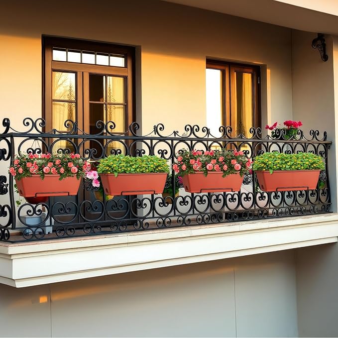 HAITRAL 16.9 Inch Deck Railing Planter Boxes for Plants, Rectangular Hanging Window Boxes Planters with Metal Flower Pots Brackets - 4 Pack Railing Planter Box for Balcony Fences Garden, Red