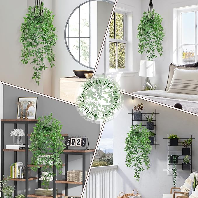 Fake Hanging Plant with Pot Small Artificial Potted Vine Plants 28.7-in Long Faux drooping Foliage Plants for Shelf Home Office Indoor Outdoor Garden Greenery Decor (Black Pot)