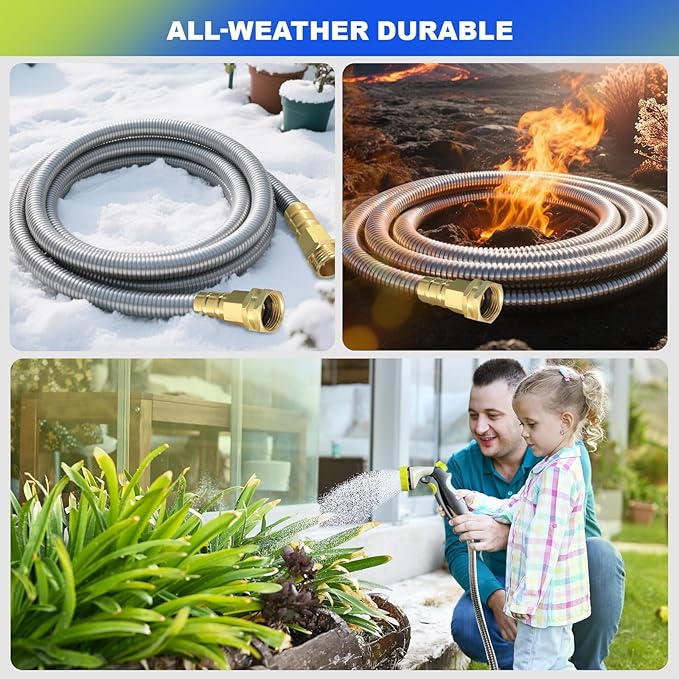 Metal Garden Hose 20 ft – 304 Stainless Steel Water Hose with Brass Fitting, Garden Hoses Flexible, Lightweight, No Kink, Heavy Duty for Outdoor (20 ft)