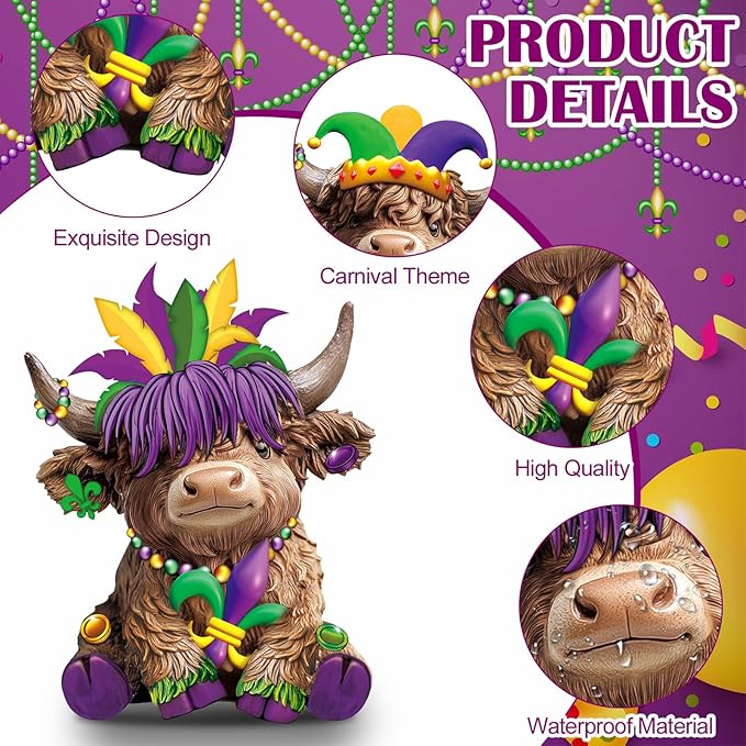 Karenhi 2 Pcs Highland Cow Figurines Mardi Gras Feathers Mask Drum Beads Highland Cow Gnomes Scottish Resin Statue Calf Lovers Gifts for Carnival Home Garden Kitchen Office Tiered Tray Table Decor