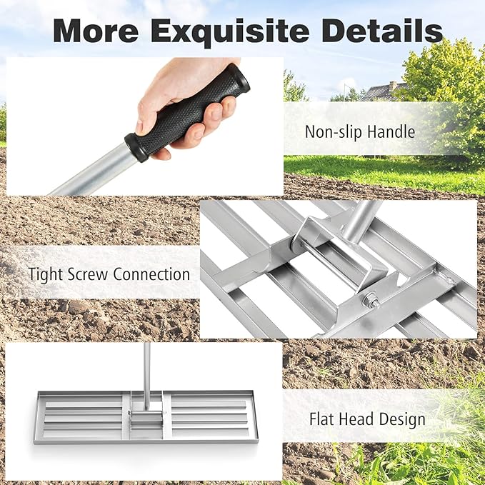 36" x 10" Lawn Leveling Rake, Heavy Duty Landscape Rake with 67" Handle, Non-Slip Grip & Flat Head, Space-Saving Lawn Level Tool for Garden, Backyard, Golf Course & Sports Field(Silver)