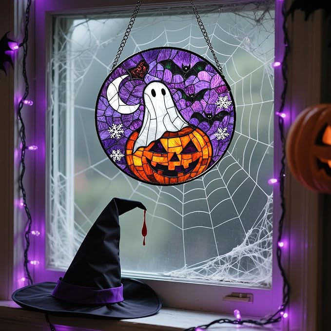Stained Glass Window Hanging Halloween Horror Pumpkin 9.8" - Suncatcher Door Garden Sunroom Gothic Style Ghost Bat Sun Catcher Birthday for Friend Mom Men Woman Nana