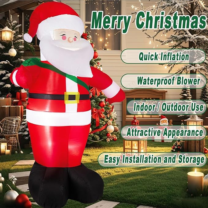 8 FT Christmas Inflatables Santa Claus Outdoor Decorations, Blow Up Yard Decorations Weatherproof Standing Smiling Santa Claus with Gift Bags, Built-in LEDs for Holiday Xmas Garden Lawn Decor