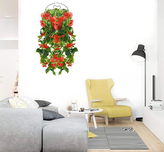 FERIAL Artificial Vines 15Feet Silk Flower Garland for Outdoors Red Morning Glory Vine Artificial Flowers Hanging Plants Garland Fake Green Plant 2Pcs for Wall Fence Indoor Wedding Banquet Decor
