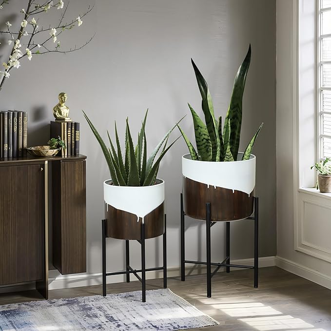 LuxenHome Modern Planter Pots, Set of 2 Planters for Indoor Plants, White and Brown Large Planters with Black Metal Stand, Flower Pots for Living Room, Office, Garden or Balcony, 10.25 & 12.5 Inch