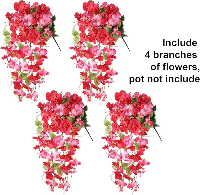 Artificial Hibiscus Fake Hanging Flowers Plants for Outdoors Spring Decoration, 4pcs Faux Silk Outside Hibiscus Long Trailing Vines Realistic UV Resistant for Front Door Planter Porch Patio Yard Urn