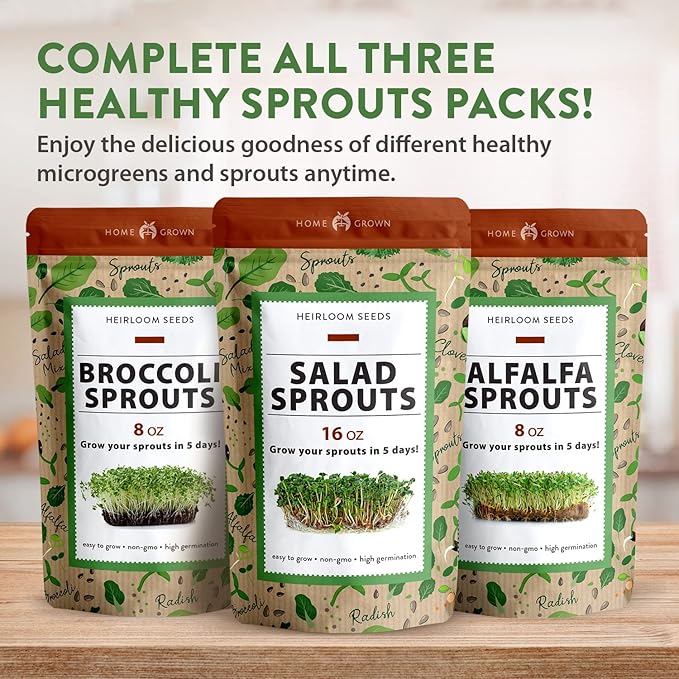HOME GROWN 16oz Premium Sprouting Seeds Mix 118,200+ Microgreens Seeds for Indoor Growing - Non-GMO Broccoli, Alfalfa, Radish, Clover Sprouts Seed - Resealable Pack for Healthy Salad & Juicing