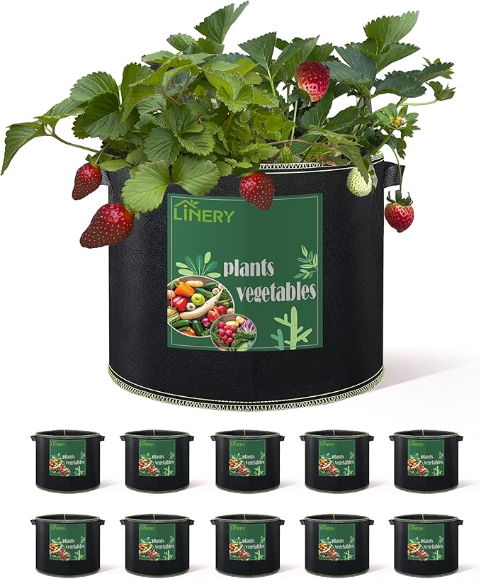 LINERY 10-Pack 7 Gallon Grow Bag Planting Black Heavy Duty Thickened Grow Bag with Handles Non-Woven Fabric Plant Pots (10-Pack 7 Gallon)