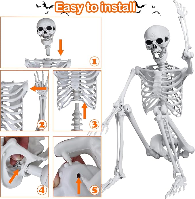5.4ft/165cm Halloween Skeleton with Realistic Crows Full Body Plastic Human Bones with Movable Joints for Indoor Outdoor Halloween Decor
