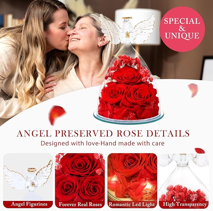 Preserved Flower Rose Gifts for Women, Forever Eternal Fresh Flowers in Glass Angel Figurines Flowers for Delivery Prime Red Roses for Grandma Mom Sister Her Wife on Mothers Day Birthday Christmas