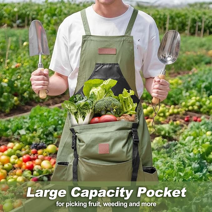 Berry&Bird Harvest Apron, Canvas Gardening Apron with Pockets and Harvesting Pouch Waterproof Harvesting Apron