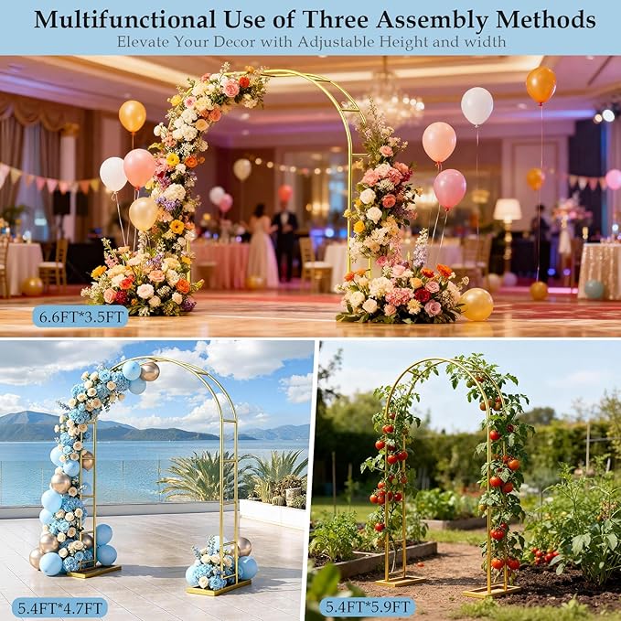 Arch Backdrop Stand,6.6FTx3.5FT Metal Pergola Arbors,Gold Garden Wide Arbors and Arches Trellis for Climbing Plants Outdoor,Assemble Freely 3 Sizes for Party or Garden Decoration