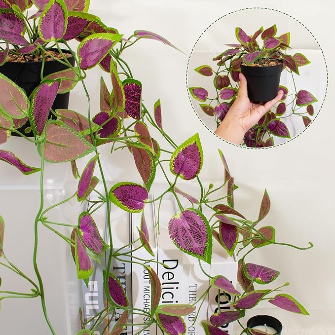 Artificial Hanging Potted Plants, Small Fake Purple Potted Plant Faux Ivy Vine Plant for Shelf Home Office Indoor Outdoor Garden Greenery Decor (Black Pot)