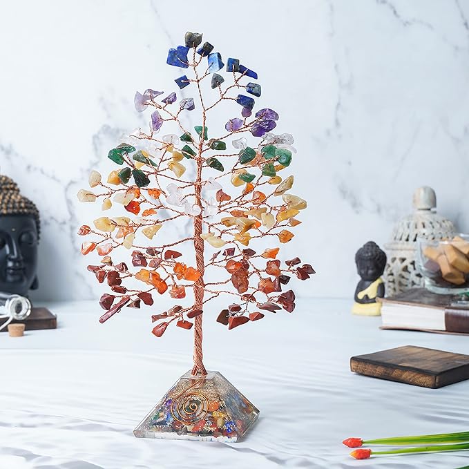 7 Chakra Crystal Tree with Orgone Pyramid Base Spiritual Desk Decor Healing Crystals Bonsai Tree Gifts for Women Office & Shelf Home Room Decor for Mom Sister Girlfriend Present Housewarming