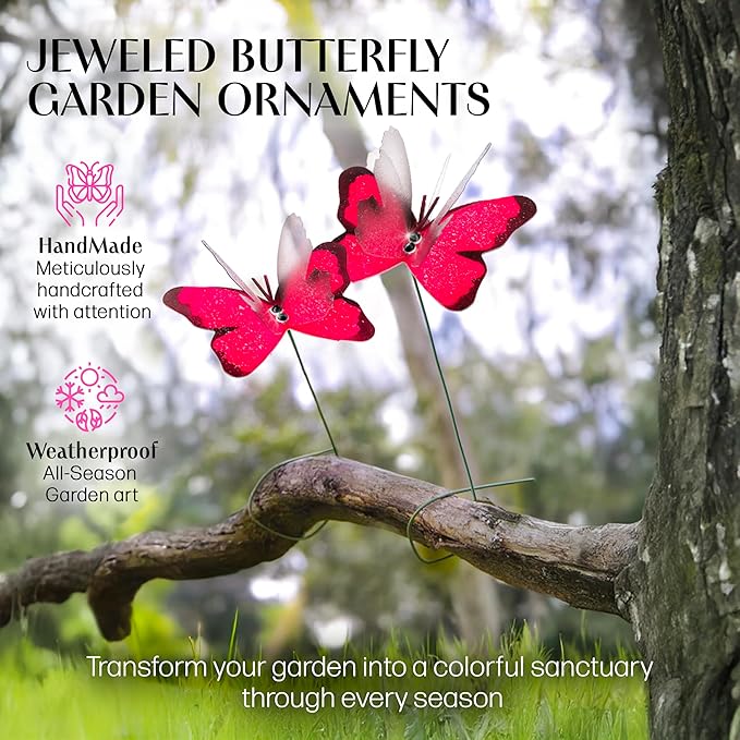 Handmade Glowing Pink Butterfly Garden Stakes Set of 7 - Decorative Outdoor & Indoor Plant Decor - Nature Lover Gift Idea by Air Aquarium Kushner