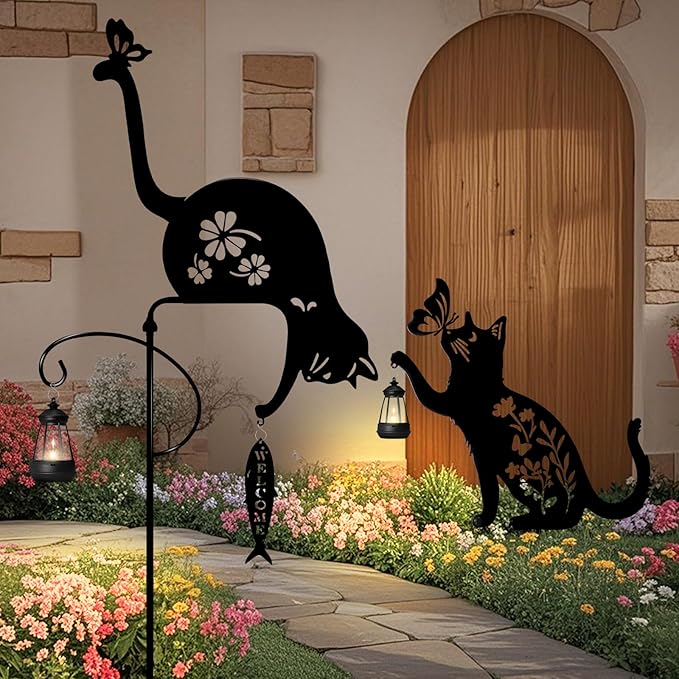 2Pack Cat Solar Lights Outdoor Garden, Black Cat Garden Decor, Black Cats Outdoor Decorations with Solar Lantern, Unique Gift for cat Lovers,Christmas Birthday Gifts for Women Mom and Grandma