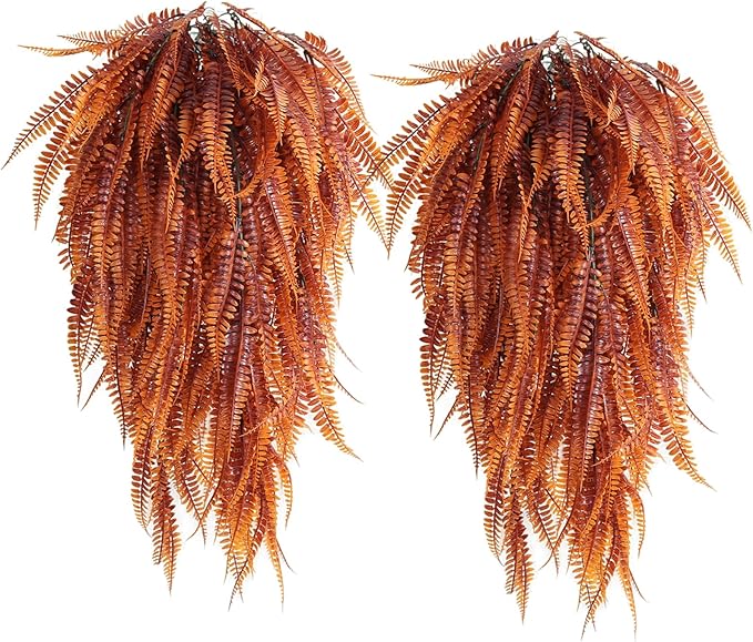 RECUTMS Fake Hanging Plants 4 Pcs Artificial Boston Ferns for Outdoors UV Resistant Draping Faux Greenery Plastic Decorative Vines for Bedroom Wall Garden Wedding Indoor(Brown)