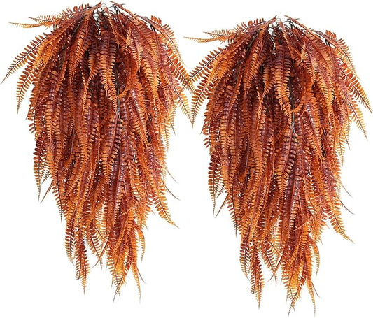 RECUTMS Fake Hanging Plants 4 Pcs Artificial Boston Ferns for Outdoors UV Resistant Draping Faux Greenery Plastic Decorative Vines for Bedroom Wall Garden Wedding Indoor(Brown)