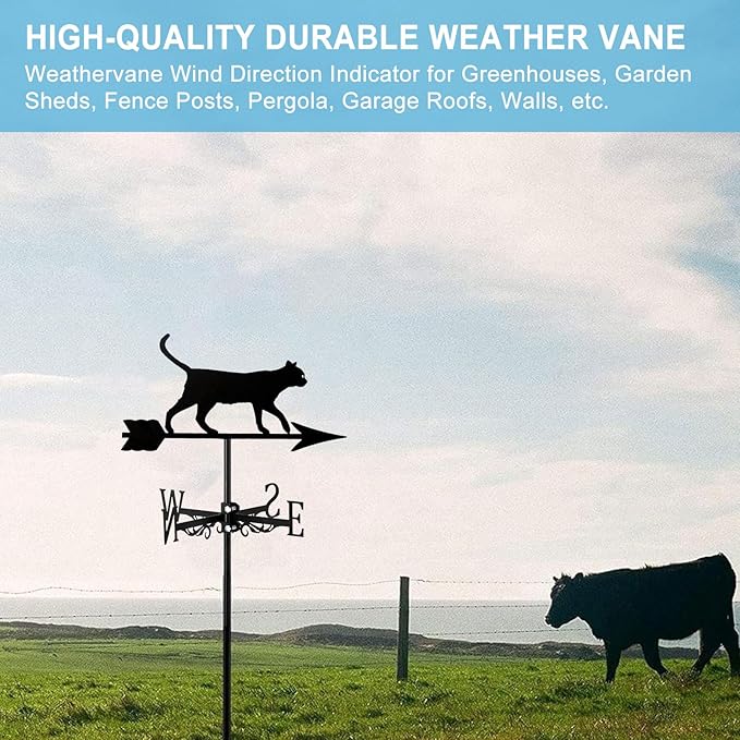 Metal Roof Black Cat Weathervane Durable Animals Ornament Wind Vane Wind Measuring Tool Weathercock for Garden Decoration Outdoor Farmhouse Farm Barn Sheds Patio Halloween