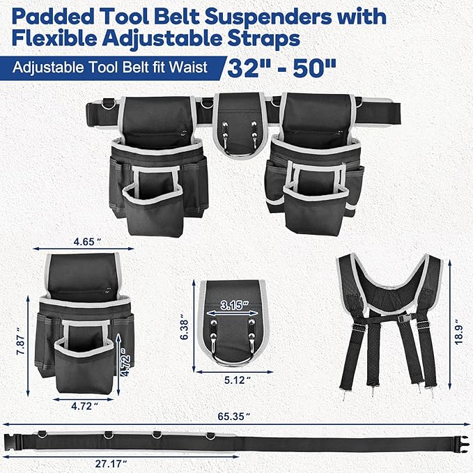 Tool belts for men - multi-functional detachable adjustable tool belt with shoulder strap magnetic wristband set, suitable for electricians and carpenters。 (black and gray)