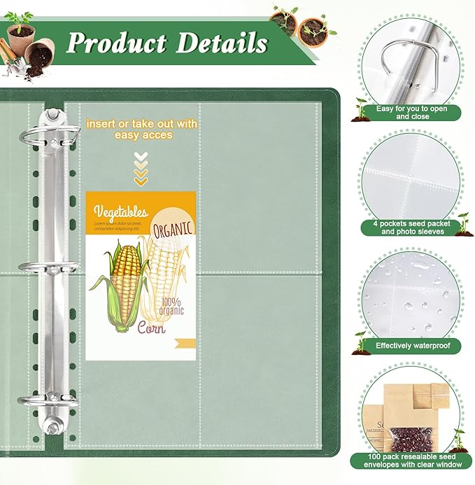 Seed Storage Organizer Binder-Garden Seed Packet Organizer with 50 Pack Seed Packet Sleeves that Stores 200 Seed Envelopes-100 Resealable Seed Saving Envelopes for Seed Storage, Seed Saver