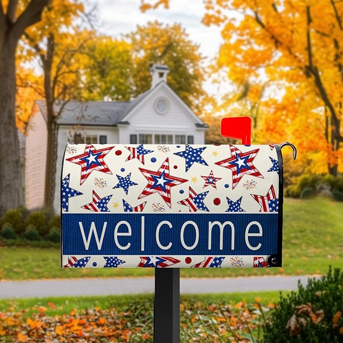 Welcome Star Mailbox Magnetic Covers 4th of July Mailbox Cover Patriotic Post Letter Box Cover Wrap Fourth of July Mail Box Decorations for Outside Garden Standard Size 21x18 in