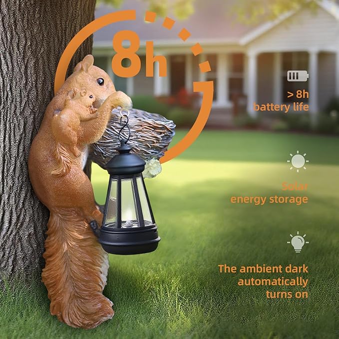 Solar Garden Decor: 11.8-Inch Squirrel Resin Statue Bird Feeder - Solar Statue, Lawn Ornament,Yard Decorations Outdoor, Garden Decor Unique Birthday Housewarming Gifts for Mom, Women,