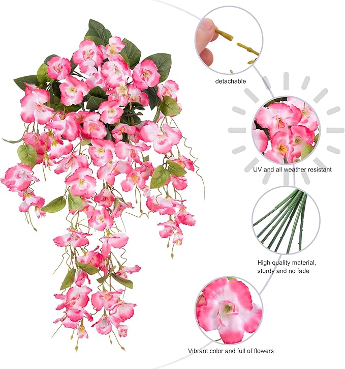 Artificial Hibiscus Fake Hanging Flowers Plants for Outdoors Spring Summer Decoration, 4pcs Pink Silk Hibiscus Long Trailing Vines UV Resistant Realistic Faux Flower for Outside Front Door Porch Patio