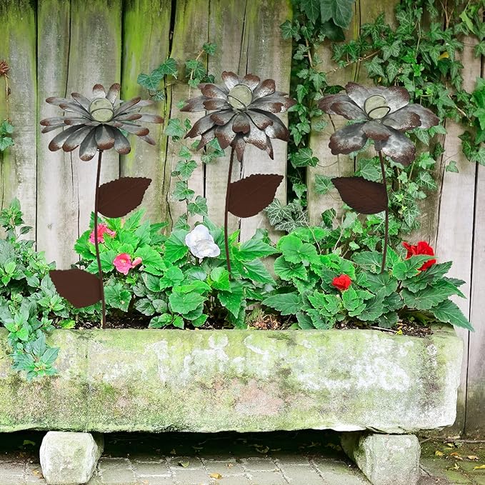 3 PCS Flower Stake Galvanized Metal Decoration for Garden & Outdoor, 13.8" H Glass Globe Glow in Dark Plant Pick Ornament Water-Proof Garden Art for Lawn & Patio